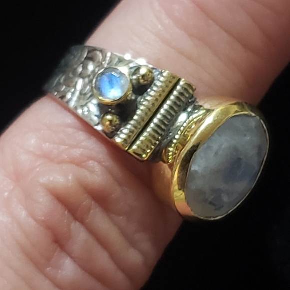 Rainbow Moonstone Ring ~ 925 Sterling Silver w/ Brass Accents - Picture 5 of 16